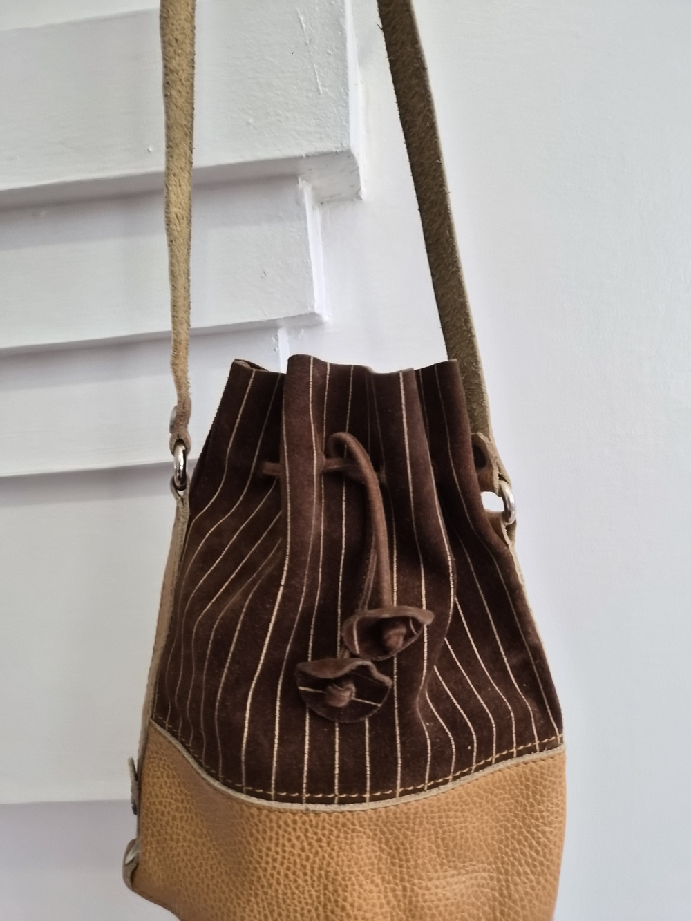 Brown Suede & Tan Leather Drawstring Shoulder Bag